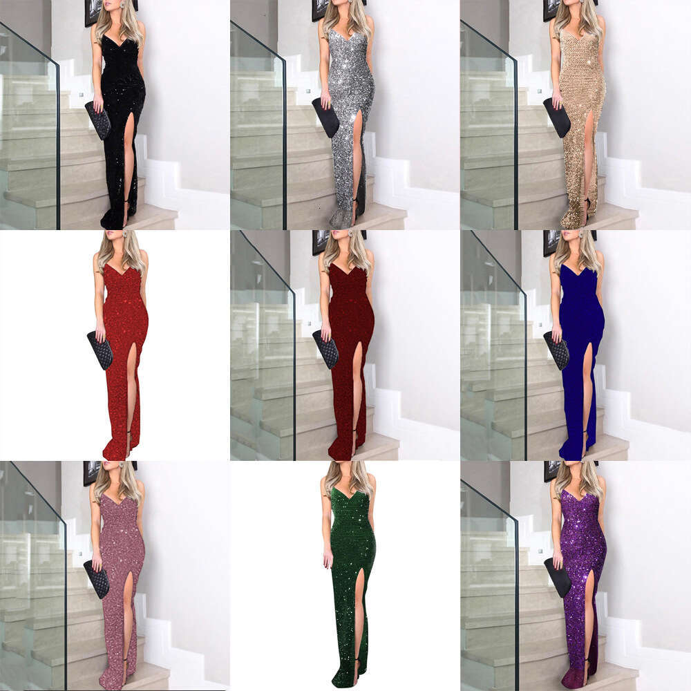 summer European American women's high waisted sexy fashion with suspender sequins slit dress 2024 new style chic and elegant clothing