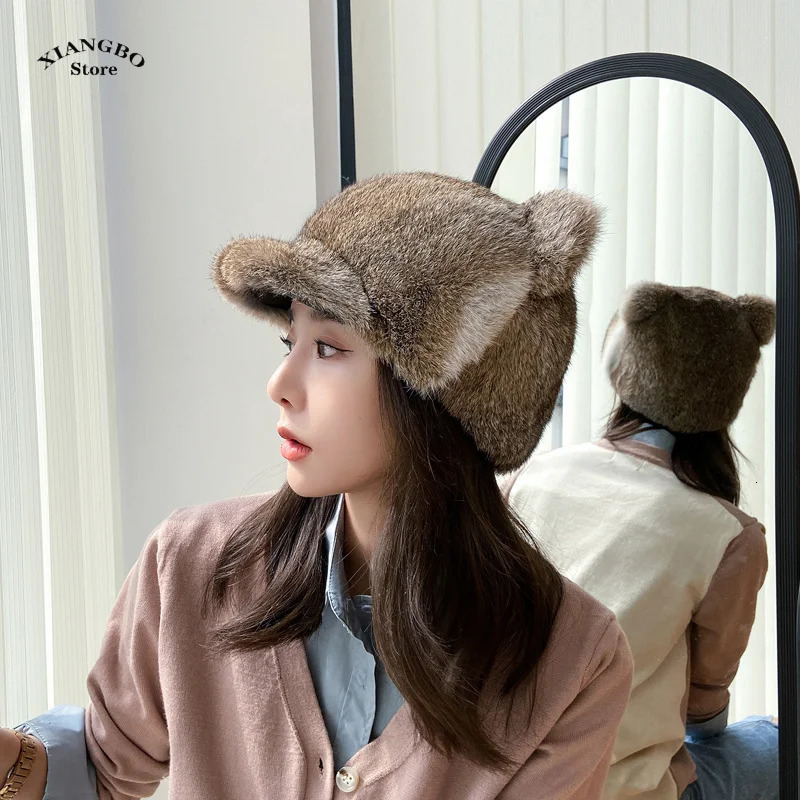 100% genuine rabbit fur hat for women Russian Uzanka pilot hunter snow skiing hat earmuffs winter rabbit fur bomber hat 241206