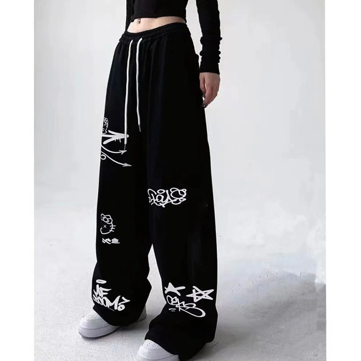 American Street Hip Hop Jazz Graffiti Hanging Straight Leg Sweater High Waist Loose Dance Wide Casual Pants 241206