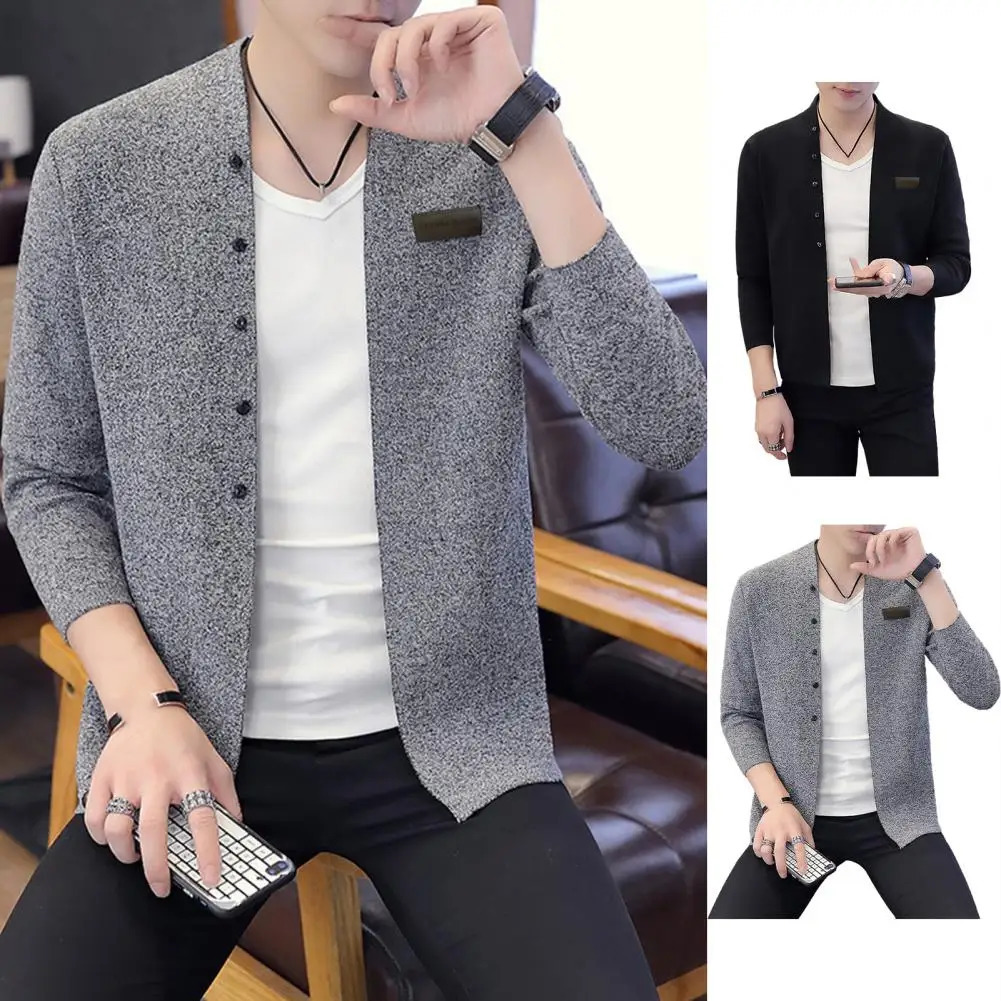 Button mens jacket knitted cardigan fashionable ultrathin fit warm vertical collar badge 241206