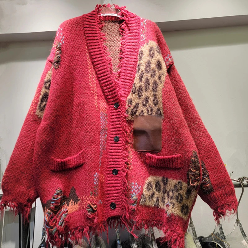 DEAT Fashion Vintage Leopard Print Knit Cardigan Jacket For Women Autumn And Winter Loose Sweater Coat Female 11A01353 241203