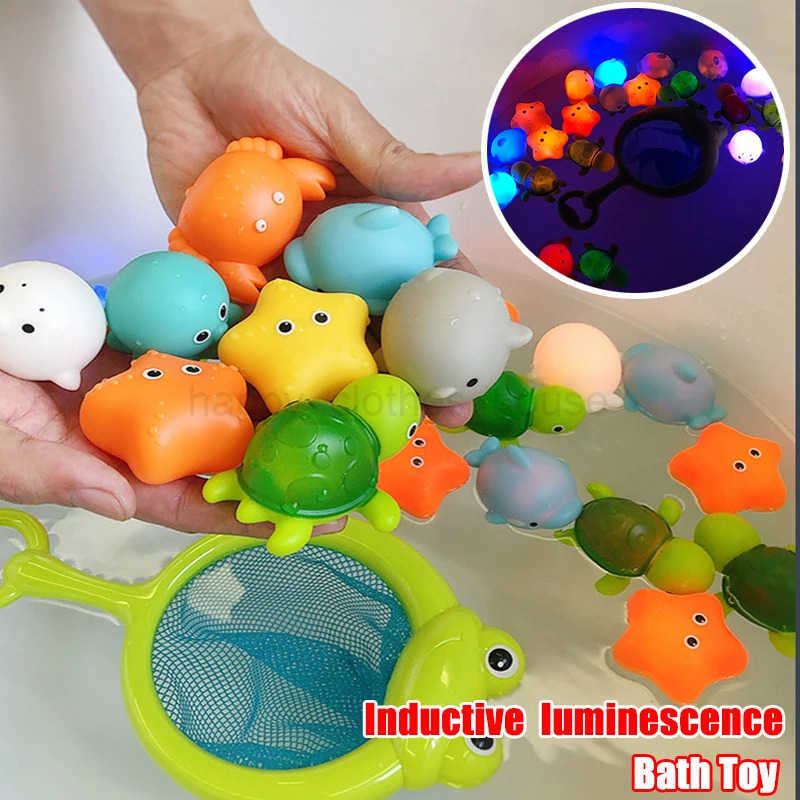 Cute Animals Bath Toy Swimming Water LED Light Up Toys Soft Rubber Float Induction Luminous Frogs for Kids Play Funny GiftsXJ241207