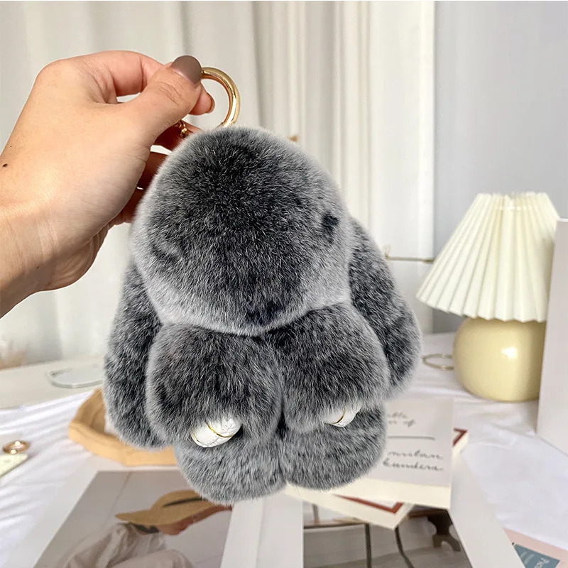 15cm Cute Fluffy Rabbit Keychain Real Rex Rabbit Fur Keychain Womens Bag Toy Fluffy Pom Cute Fluffy Pom Keychain 241206