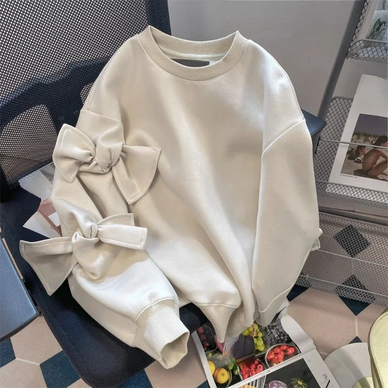French Small Fragrance Sweatshirts Bow Solid Color O Neck Long Sleeve Casual Loose Hoodies Autumn Harajuku Y2k Womens Clothing 241203