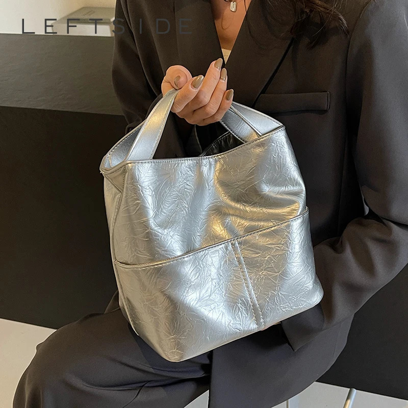 LEFTSIDE Womens Mini Fashion School Bag Silver PU Leather Fashion Travel Shoulder Bag with Short Handbag 241205