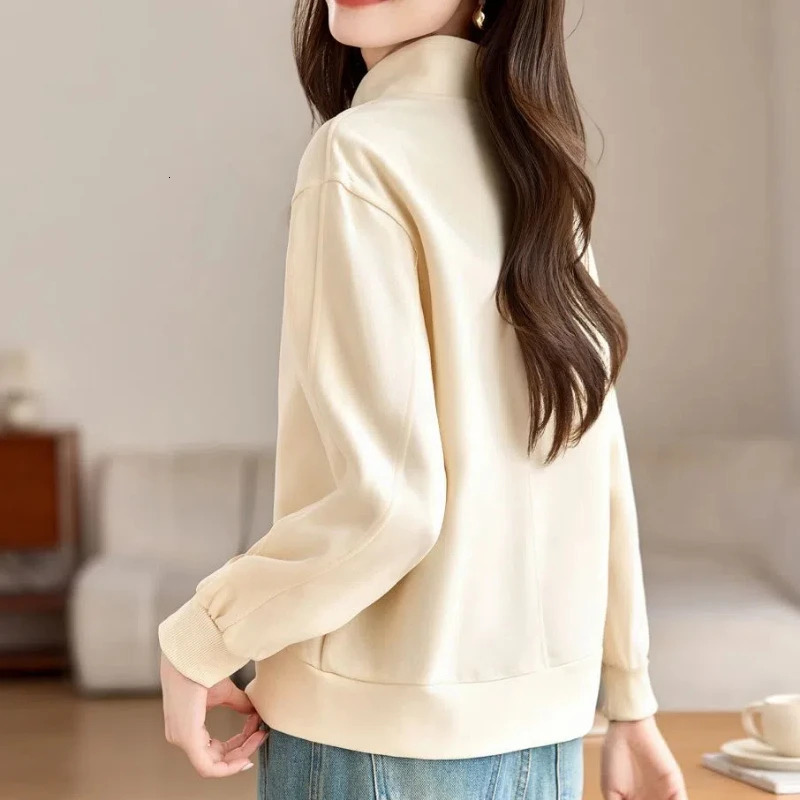 Hoodies Highneck Solid Color Zipper Lantern Long Sleeve Pullover Womens Clothing Casual Elegant Sports Office Lady Tops 241203