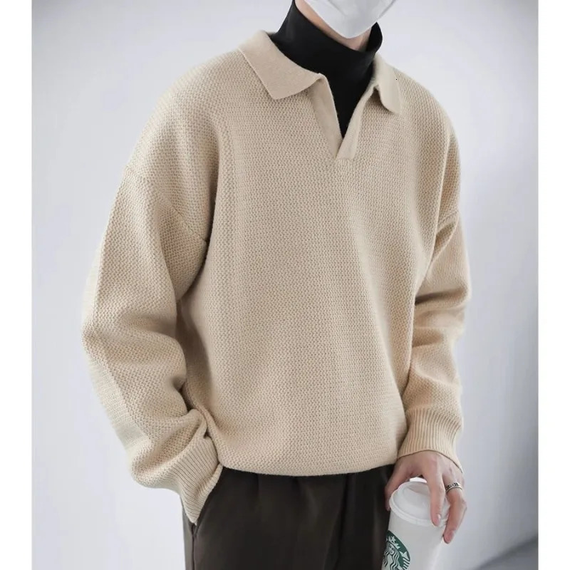 Winter casual knitted polo neck pullover mens solid color fashionable jacket retro knitted sweater Korean mens top 241206