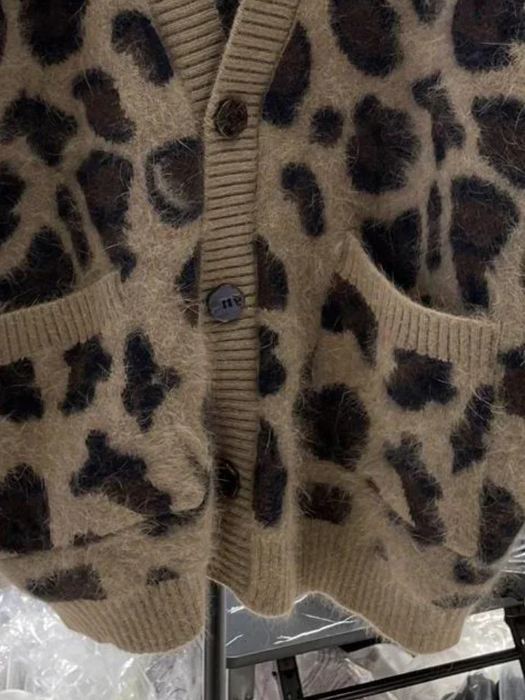 Womens oversized cardigan wool sweater autumn clothing retro suede leather strapless fashion casual leopard print knitted jacket handle for women 2412
