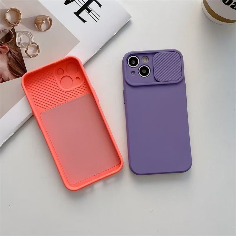 Sliding camera lens protection phone case for iPhone 11 12 13 14 15 Pro Max 14Plus, soft liquid silicone shock resistant protective cover