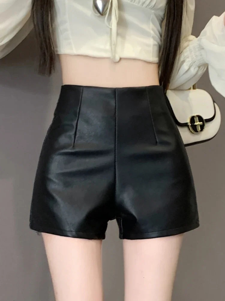 Womens autumn slim fit A-line shorts womens PU leather casual shorts womens high waisted solid shorts L532 241206