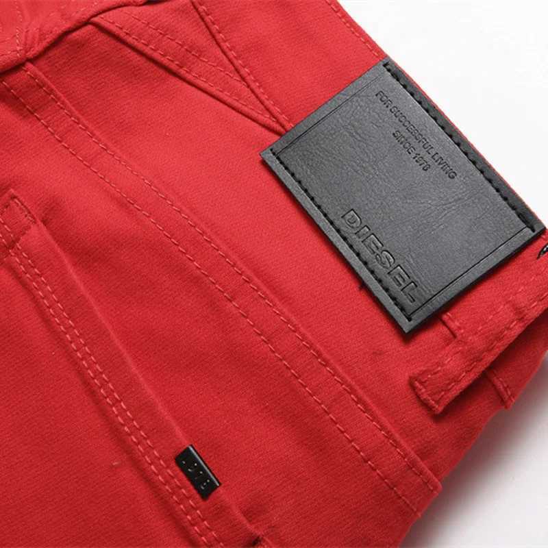 High Quality Mens jeans red simple trend stretch slim pants mid waist fashion embroidery high-end brand jeans street hip-hop clothing T241207