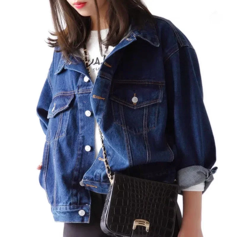 Autumn Korean womens denim jacket loose BF style short fashionable casual revolving door collar cotton blue 241206