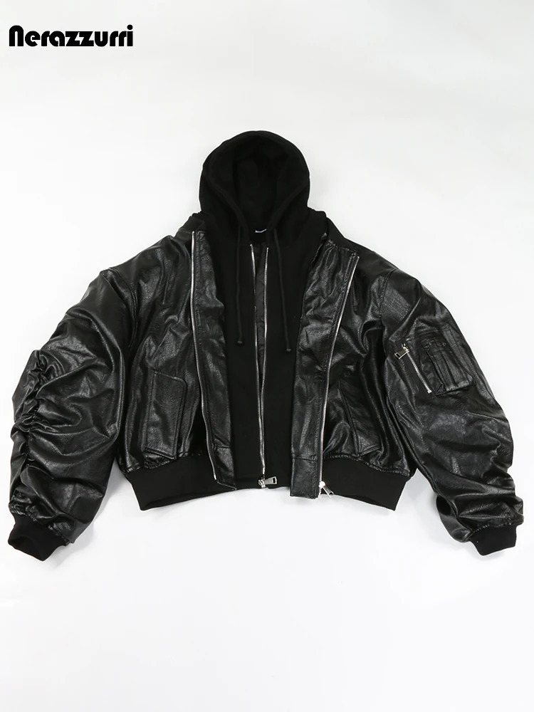 Blue and Black Legion Autumn cool and handsome oversized brown thick leather jacket mens hood 2 pieces of European clothing 241205