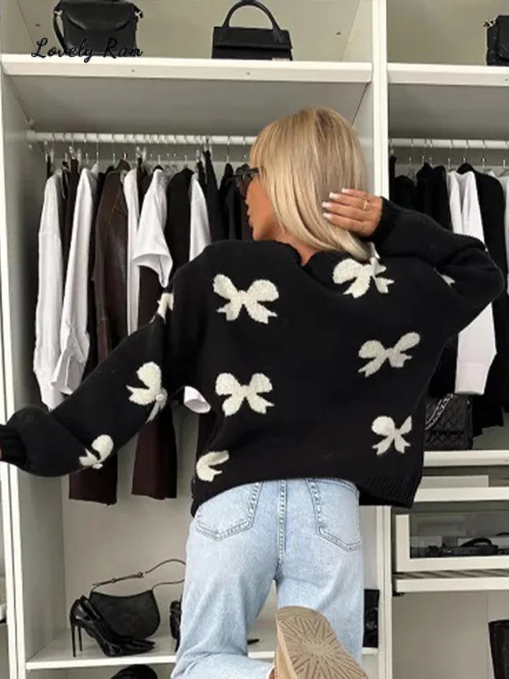 Bow Lace Up Knitted Women Sweater Preppy Hollow Out Oneck Long Sleeve Female Cardigan Autumn Print Patchwork Lady Knitwear 241203