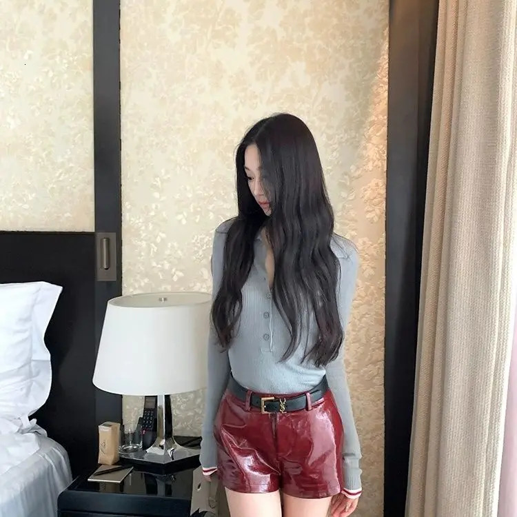 red leather womens autumn/winter casual streetwear low waist slim fit pants spicy boots shorts 241206