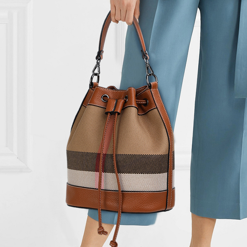 New plaid canvas fashionable women's handbag high-value designer leather bucket single shoulder crossbody bag 250324