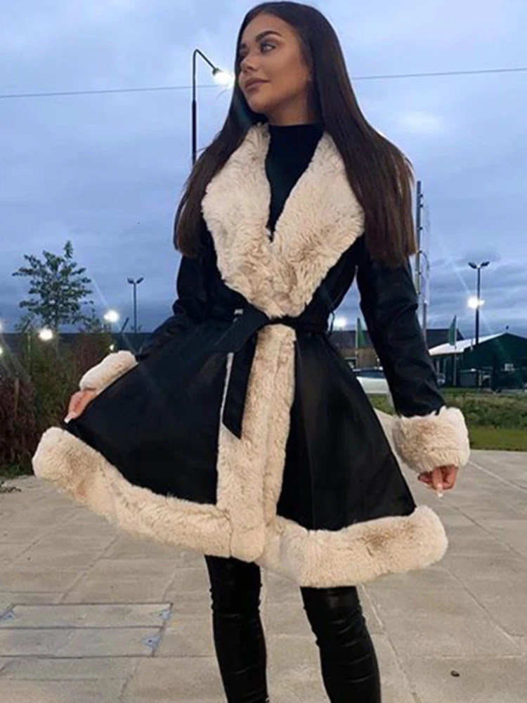 RR2076 PU Leather Long Jacket Womens Fashion Tie Belt Jacket Womens Elegant Side Pocket Faux Fur Jacket Womens 241202