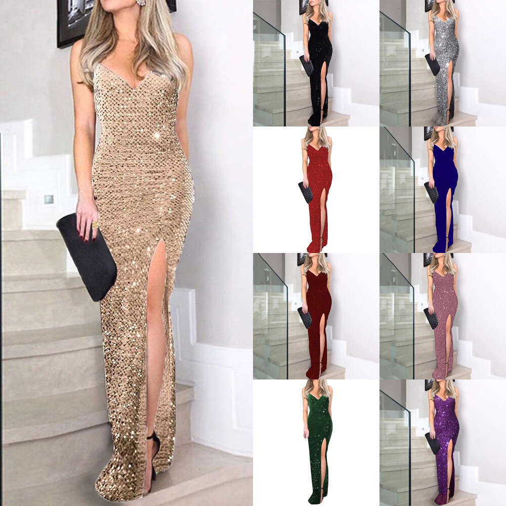 summer European American women's high waisted sexy fashion with suspender sequins slit dress 2024 new style chic and elegant clothing