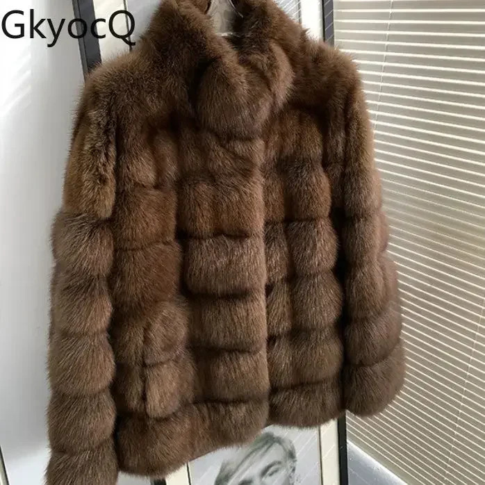 GkyocQ Korean Fashion Womens Faux Fur Coat Fashion Standing Collar Short Sleeve Coat Soft Silk Fur Womens Coat 241202