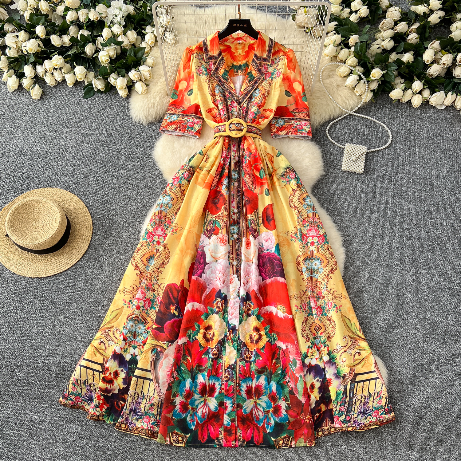 Runway Women Dresses Summer Holiday Flower Linen Robe Dress Women Short Sleeve Notched Belt A-line Beach Party Vestido Pearls Buttons Up Maxi Clothes
