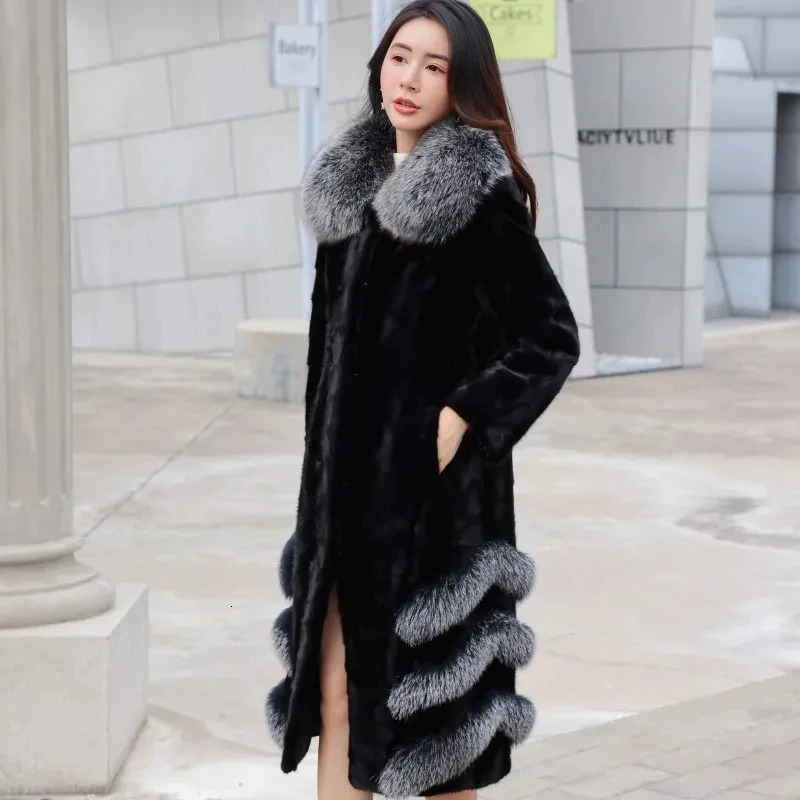 Mink coat womens premium 100% real mink coat womens winter coat real fox collar womens jacket loose fur coat 241202
