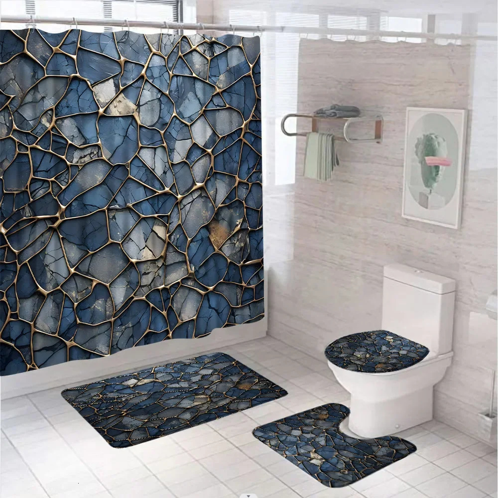 Vintage Blue Gold Marble Terrazzo Shower Curtain Sets 3D Bathroom Curtain Non-Slip Bath Mat Rugs Toilet Cover Home Decor 241206
