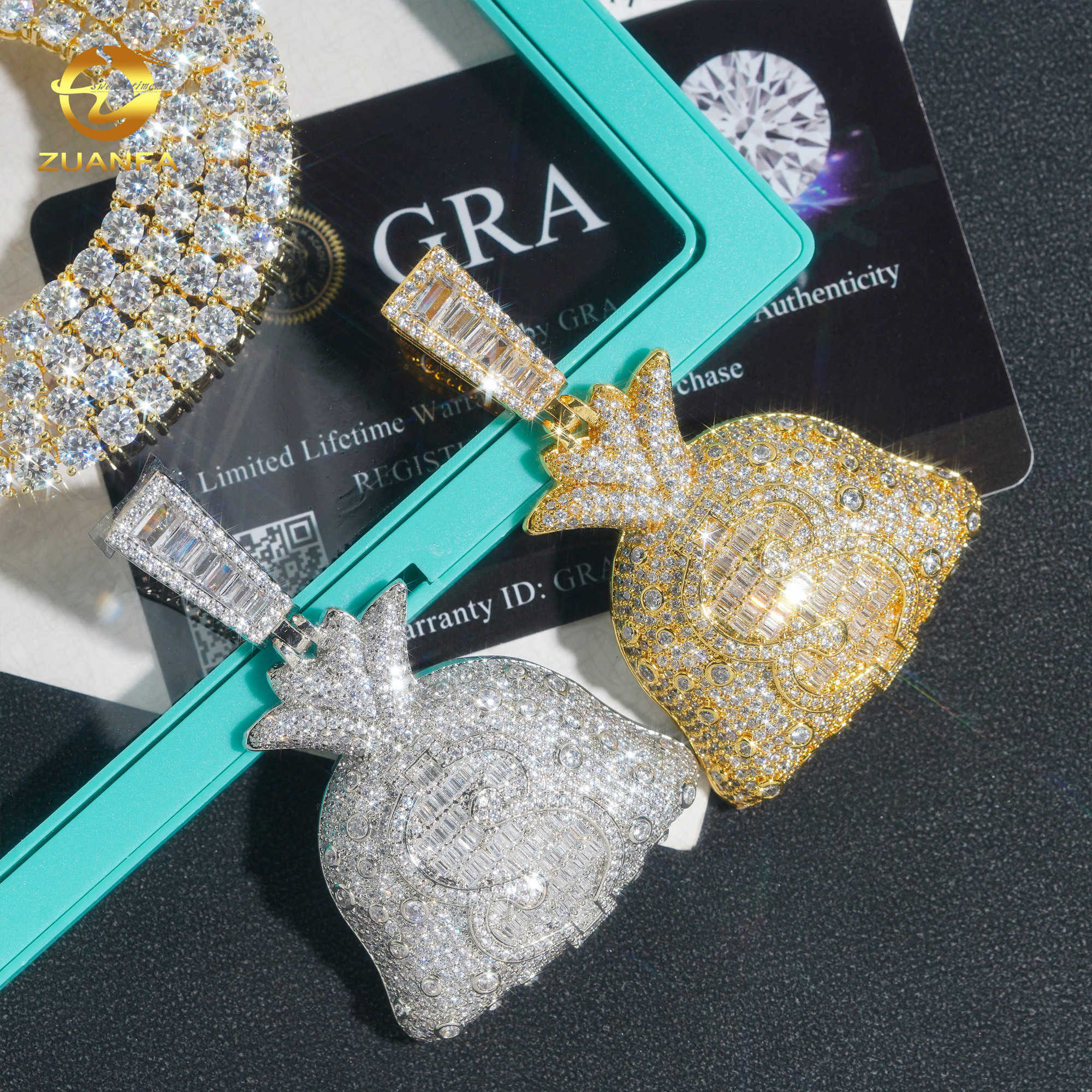 18k gold Plated Full Moissanite Diamond Hip Pop pendant D Vvs Moissanite Silver 925 Custom Dollar Money Bag ice out Pendant