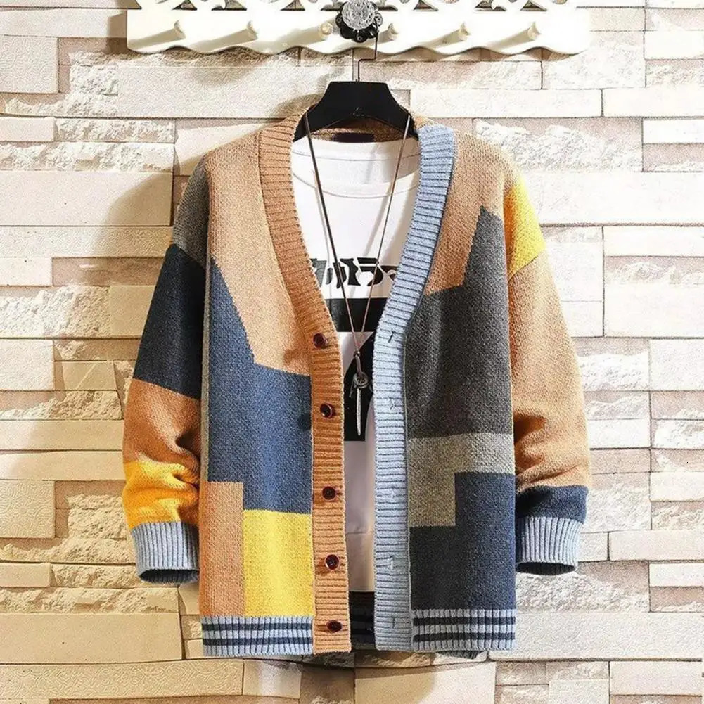 Vneck mens jacket knitted sweater fashionable color lock warm medium length cardigan 241206