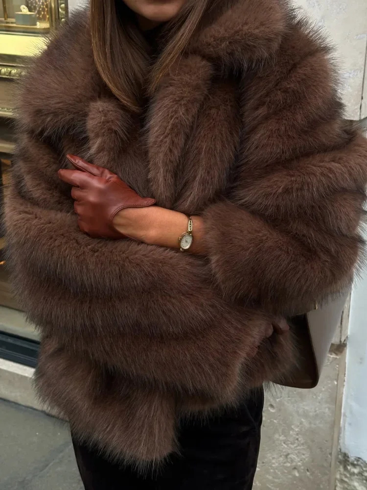 Winter Brown Lapel Warm Faux Fur Coat Fluffy Plush Long Sleeve Thick Short Jacket Chic Ladies High Street Outerwear