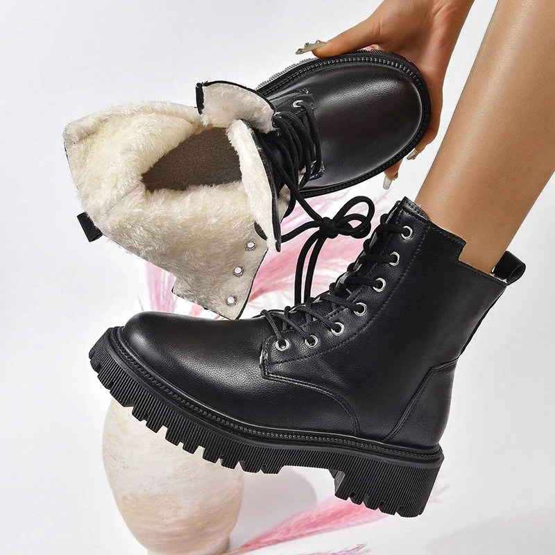 Winter Warm Short Plush Ankle Boots Fashion Zipper Lace Up Platform Combat Comfortable Low Pu Leather Botas Unprinted Good Product 241206