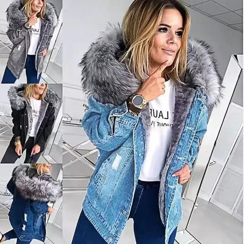 Womens denim jacket thick warm hooded fur collar single chest full sleeves casual sewn in autumn and winter 241206
