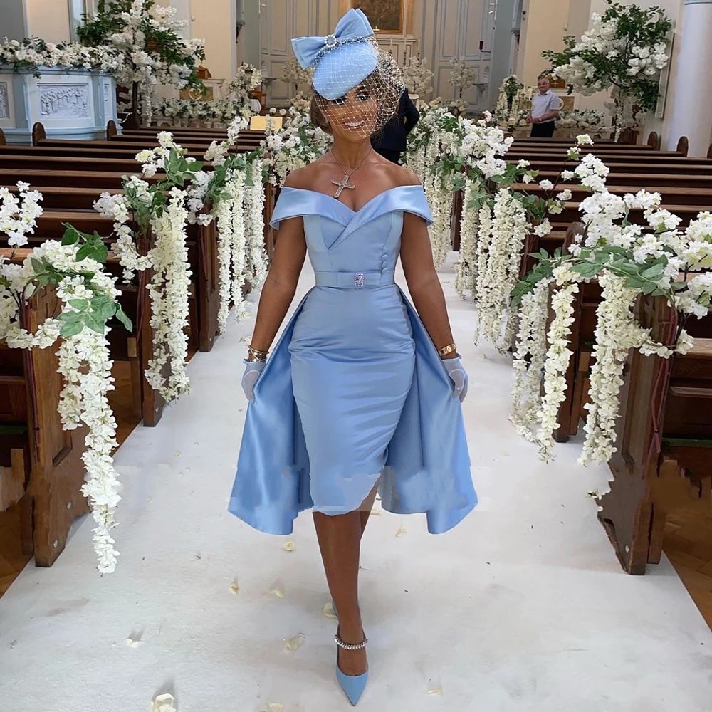 2025 Sexy Sky Blue Short Prom Dresses Off the Shoulder Knee Length Satin Birthday Evening Party Gown Christmas Wear Vestido De Fiesta Robe De Soriee