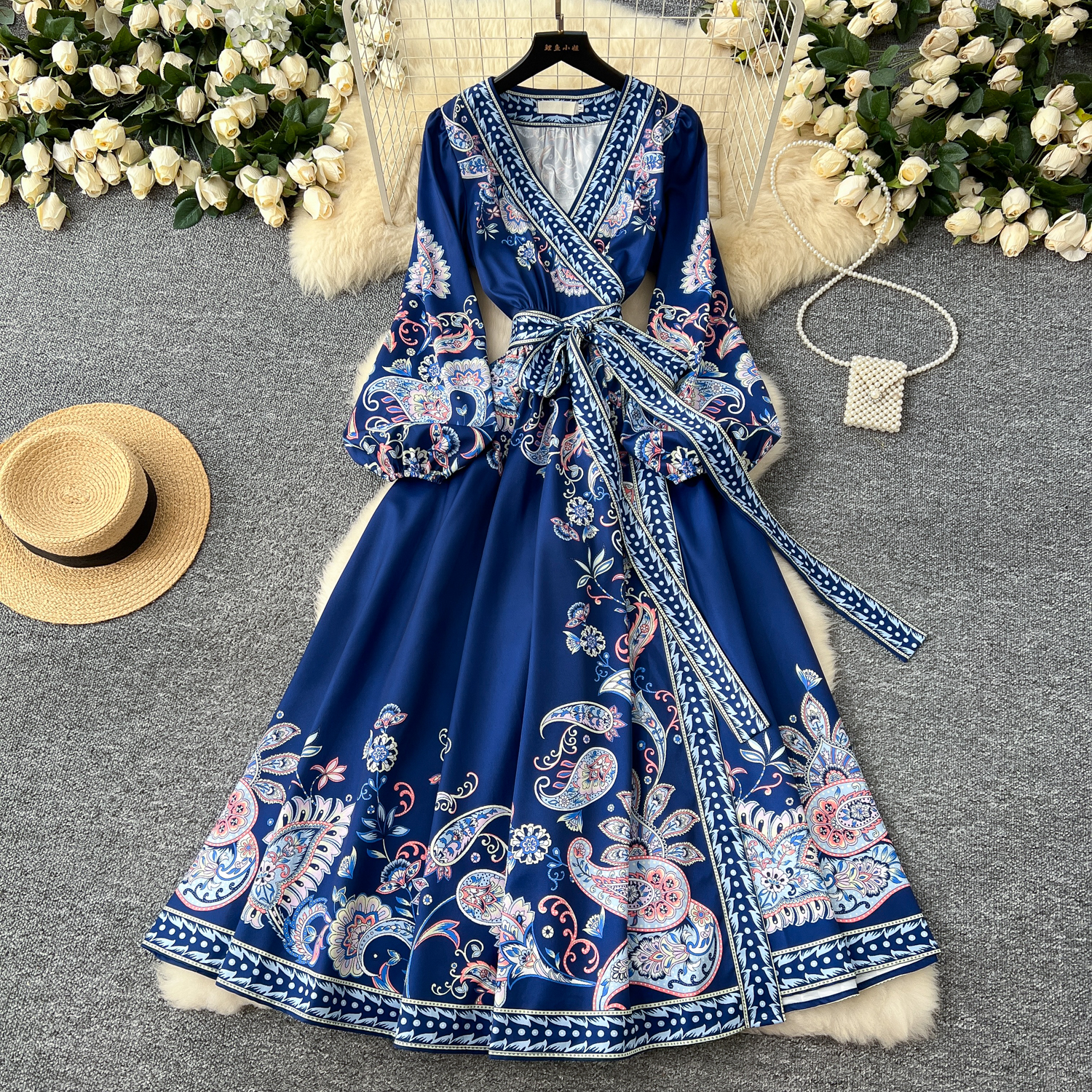 Casual Dresses Autumn Retro Bohemian Paisley Dress Holiday Cross V Neck Lantern Sleeve Vintage Print Bandage Lace Up Robe Vestidos Maxi Clothes 2025
