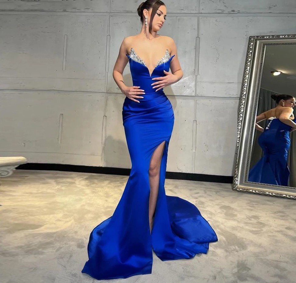 Royal New Blue Prom Formal Dresses V Neck Beading Sequins Satin Mermaid Birthday Evening Party Gown Vestido Gala Robe De Soriee estido
