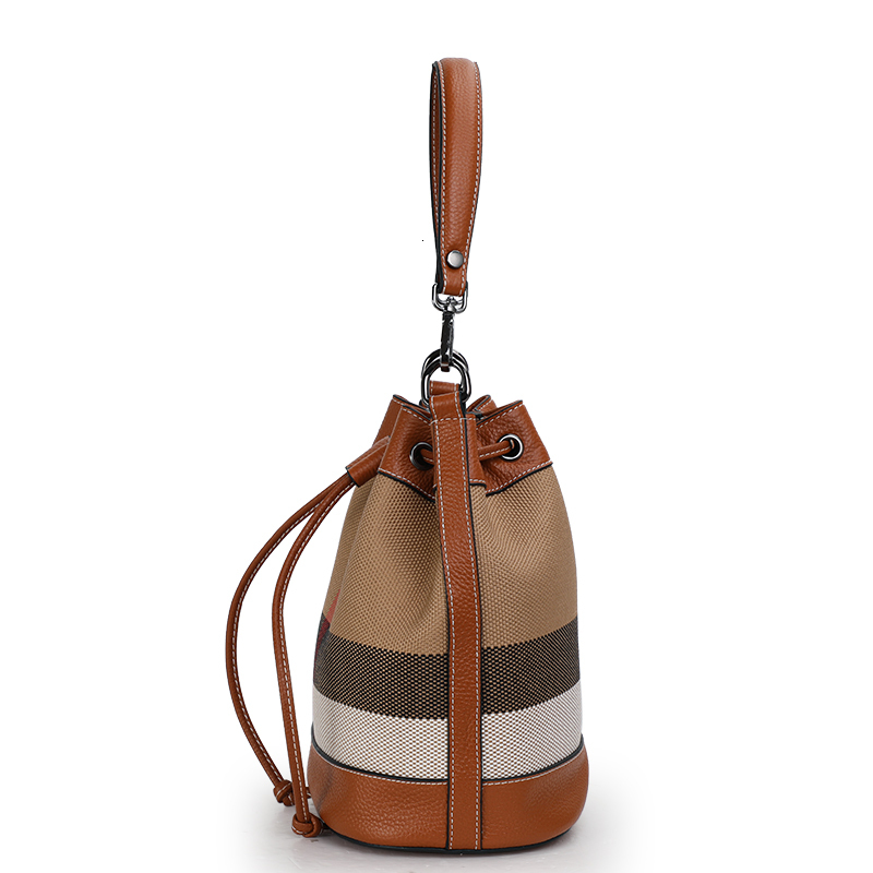 New plaid canvas fashionable women's handbag high-value designer leather bucket single shoulder crossbody bag 250324