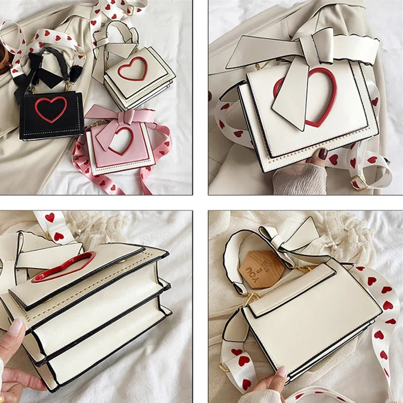 Womens Sweet and Cute Cross shaped Bag Heart shaped Hollow Shoulder Bag Student Full Match Flip Wide Shoulder Strap Summer Handbag Ins Fashion Wallet 