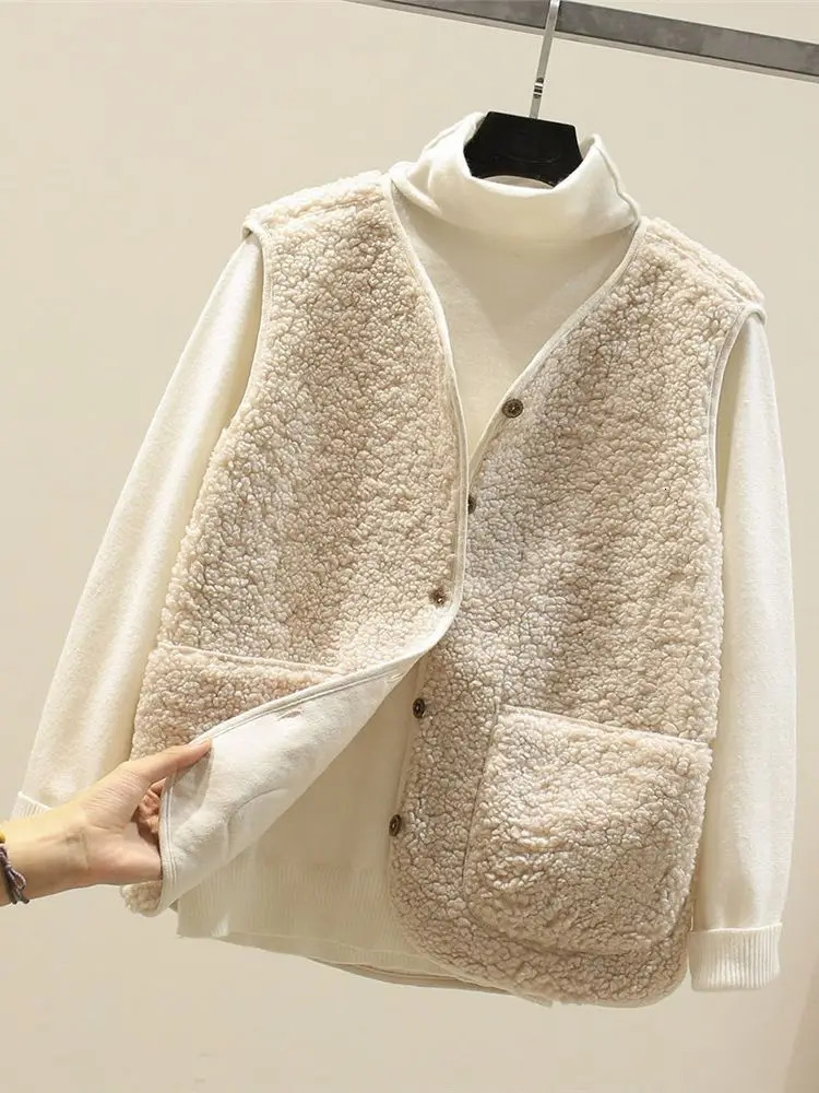 Korean vest spring autumn womens winter warm thick wool sleeveless jacket 241206