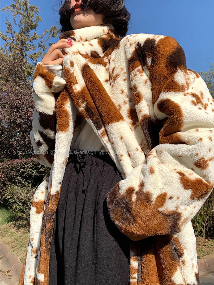 BZVW cow leopard print sheepskin wool coat womens lapel long sleeved contrasting loose coat winter item 25Z1332 241202