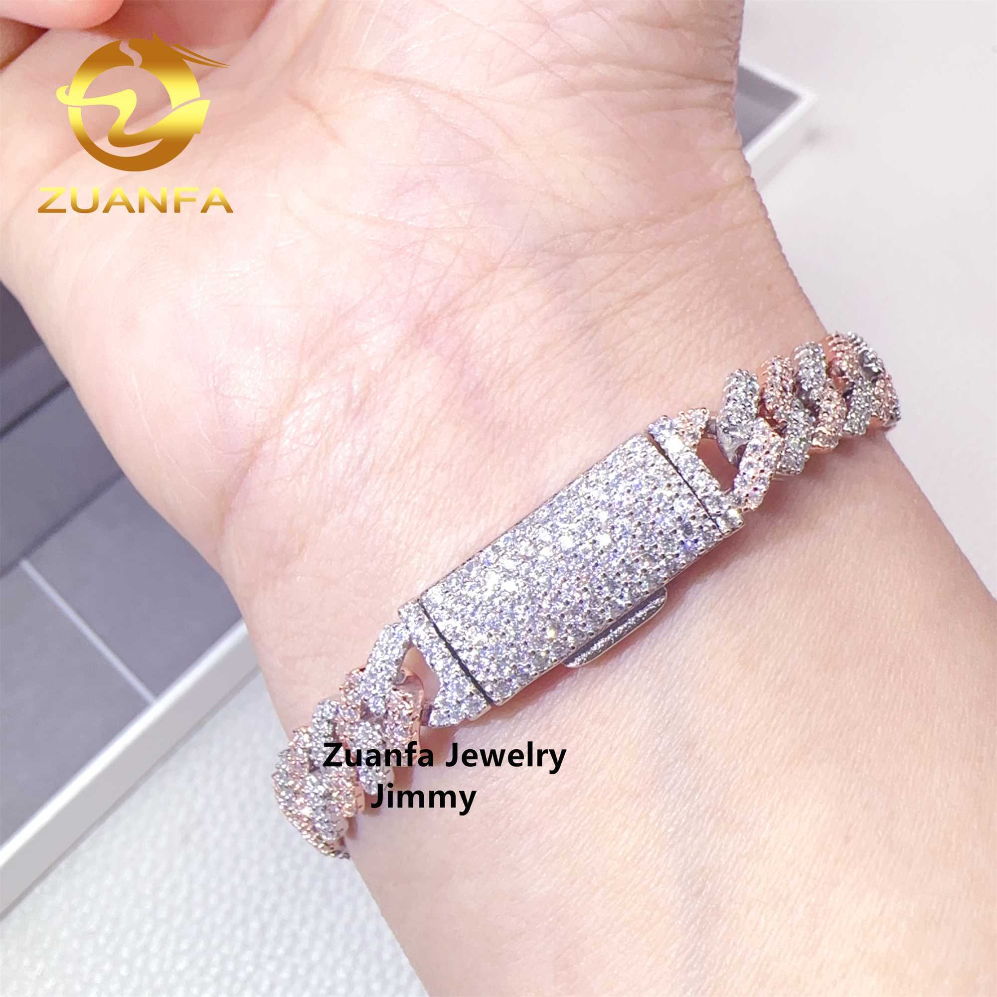 Two Tone Color 8mm 2 Rows 925 Solid Silver Iced Out Hip Hop Jewelry VVS1 Moissanite Diamond Cuban Link Chain Bracelet Men
