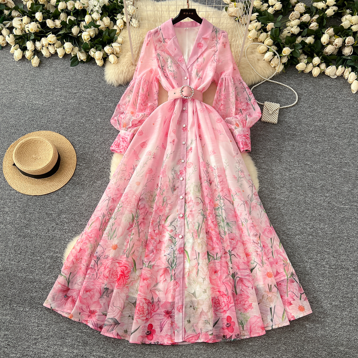 Casual Dresses 2025 Spring Holiday Gorgeous Flower Maxi Dress Women's Long Lantern Sleeve Notched Floral Print Pearl Belt A Line Robe Vestidos