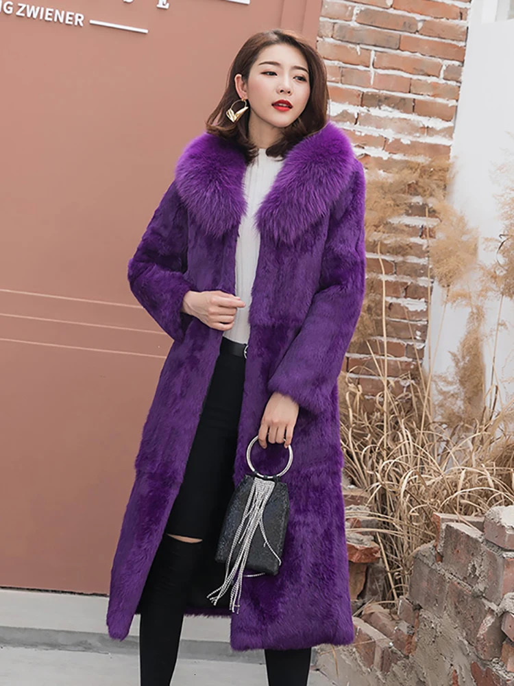 Winter rabbit fur coat womens fox fur collar long jacket natural fur fluffy pleated plus size fashionable womens clothing 241202