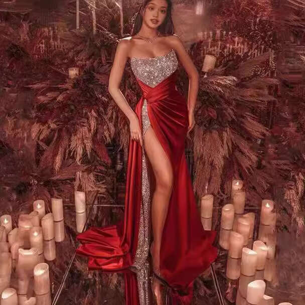 European and American women's sequin slit enlarged long skirt sexy off shoulder strapless evening dress 2024 new casual fashion trend clothing