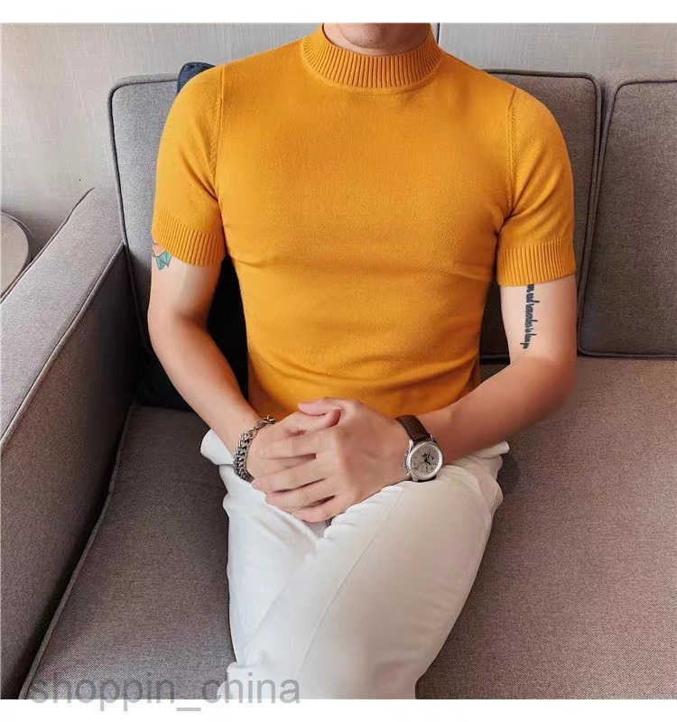 Men's Sweaters Mens knitted sweater for autumn and winter short sleeved semi high neck slim fit inner layer sweater men half sleeved base shirt s
