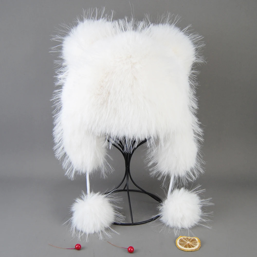 Fluffy Soviet hat fake raccoon fur hat winter octopus bomber earmuffs knitted ball fashionable flip cover Mongolian hat 241206