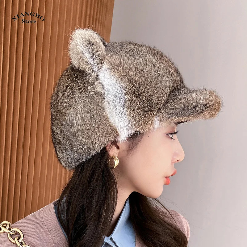 100% genuine rabbit fur hat for women Russian Uzanka pilot hunter snow skiing hat earmuffs winter rabbit fur bomber hat 241206