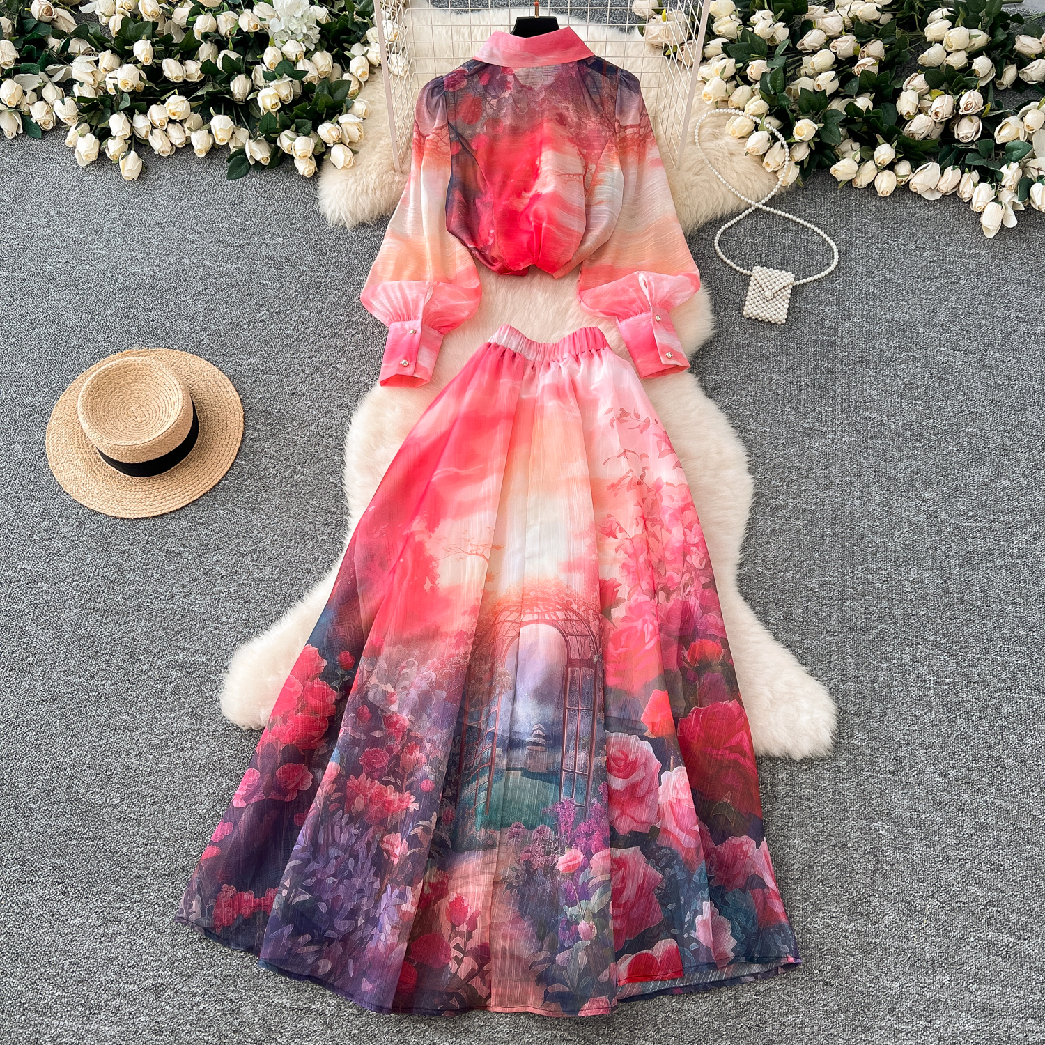 Two Piece Dress Women Summer Bohemian Floral Print Skirt Set Long Sleeve Blouses Tops & High Waist Pleated Maxi Skirt Female Two Piece Suits