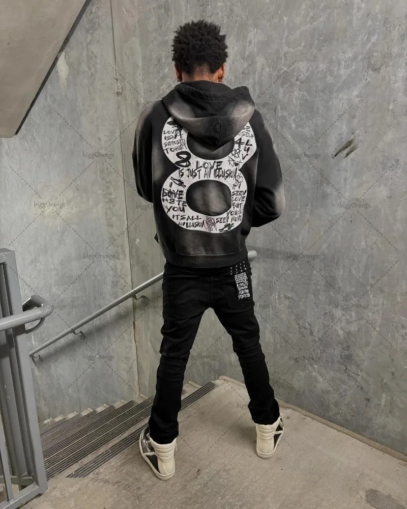 Trend Haruku Streetwear Jacket American Retro Distressed Zipper Hoodie Mens Punk Fashion Casual Oversized Sweatshirt 241205