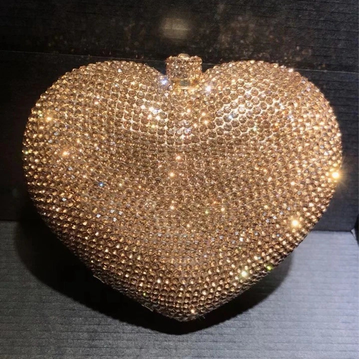 Women Gold/Pink/Black/Red/Silver Heart Shape Crystal Clutch Bags For Wedding Evening Purses Party Bridal Rhinestones Purse 241204