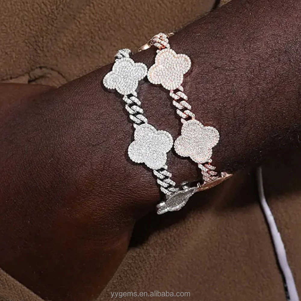 Yu Ying Clover Bracelet 18k Gold 925 Sterling Silver VVS Moissanite Cuban Link Chain Bracelet for Hip Hop Jewelry