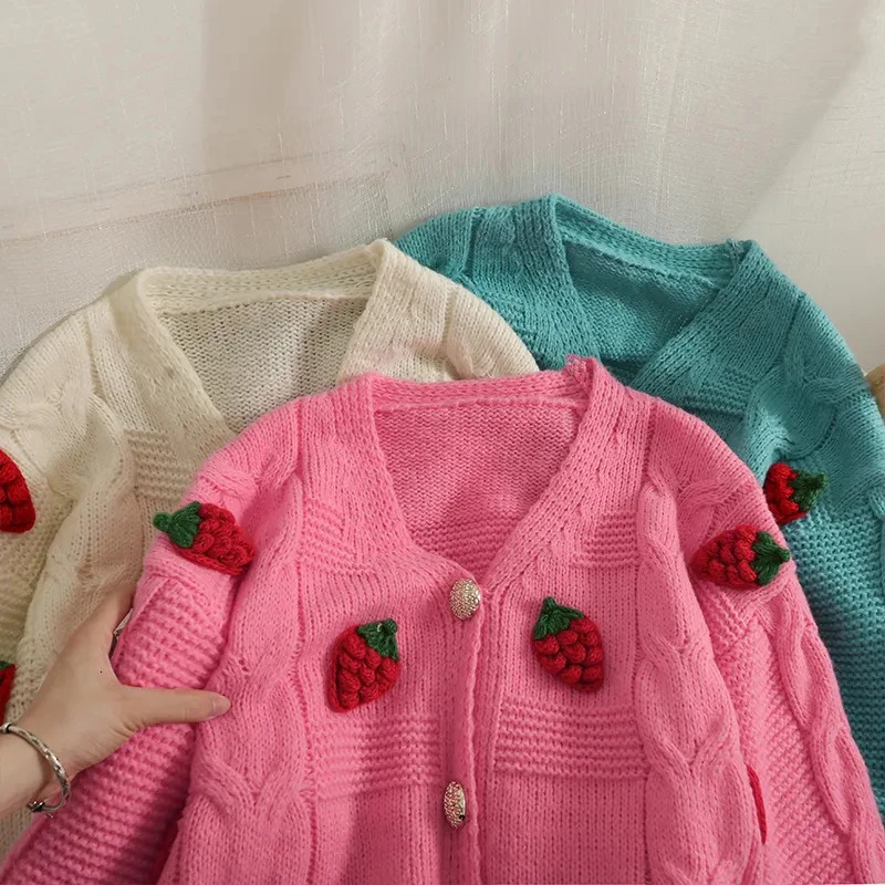 Korean fashion pink strawberry womens sweater autumnwinter long sleeved knitted cardigan single chest jacket 241206